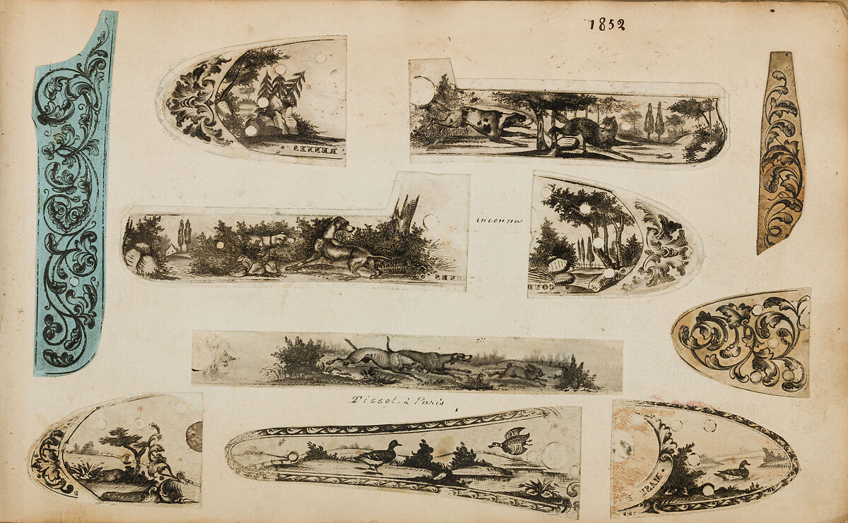 Album of Firearms Ornament Containing Approximately Five Hundred and Forty Inked Impressions of Engraved Firearms Locks and Mounts, and Forty-Two Original Pen and Ink Designs on Forty Double-Sided Leaves, Ink on paper, Belgian and French