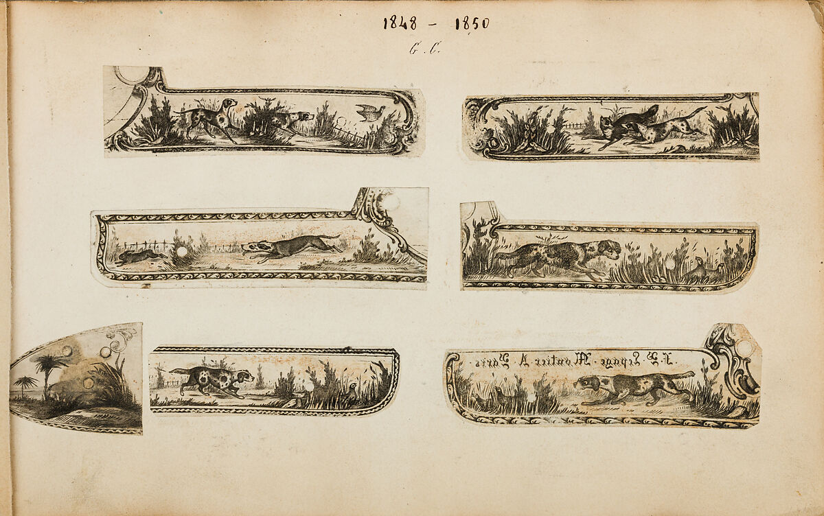 Album of Firearms Ornament Containing Approximately Five Hundred and Forty Inked Impressions of Engraved Firearms Locks and Mounts, and Forty-Two Original Pen and Ink Designs on Forty Double-Sided Leaves, Ink on paper, Belgian and French