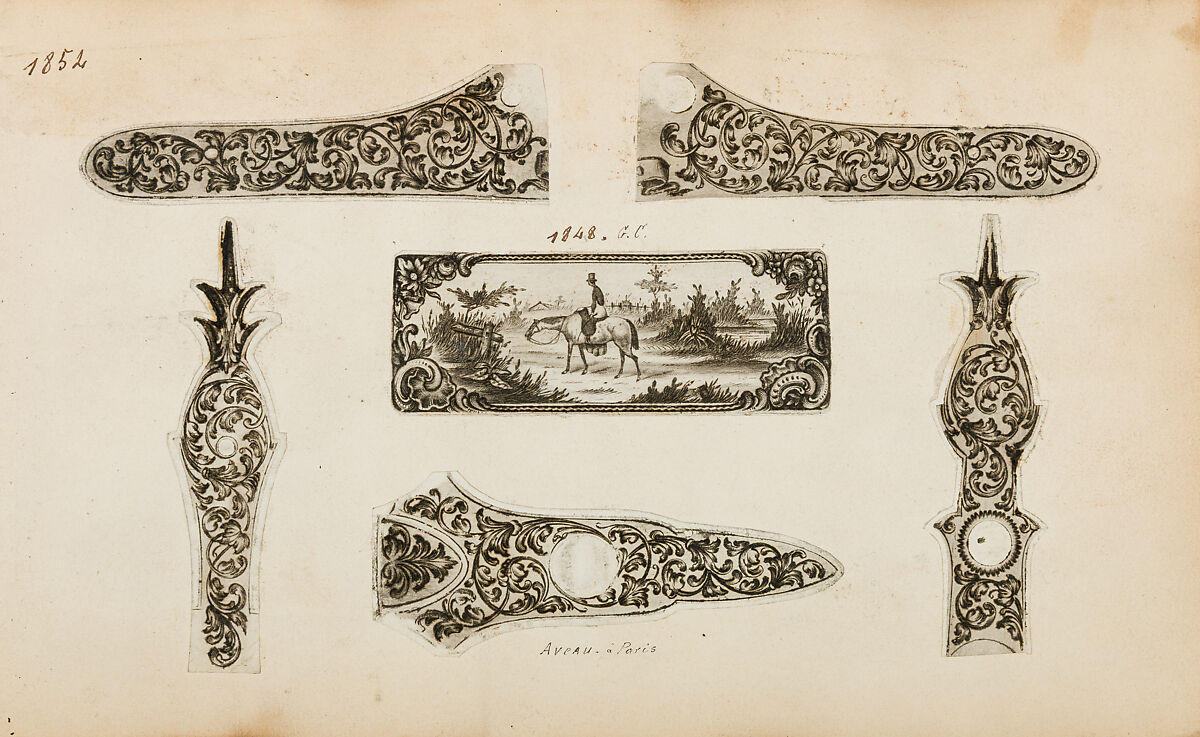 Album of Firearms Ornament Containing Approximately Five Hundred and Forty Inked Impressions of Engraved Firearms Locks and Mounts, and Forty-Two Original Pen and Ink Designs on Forty Double-Sided Leaves, Ink on paper, Belgian and French