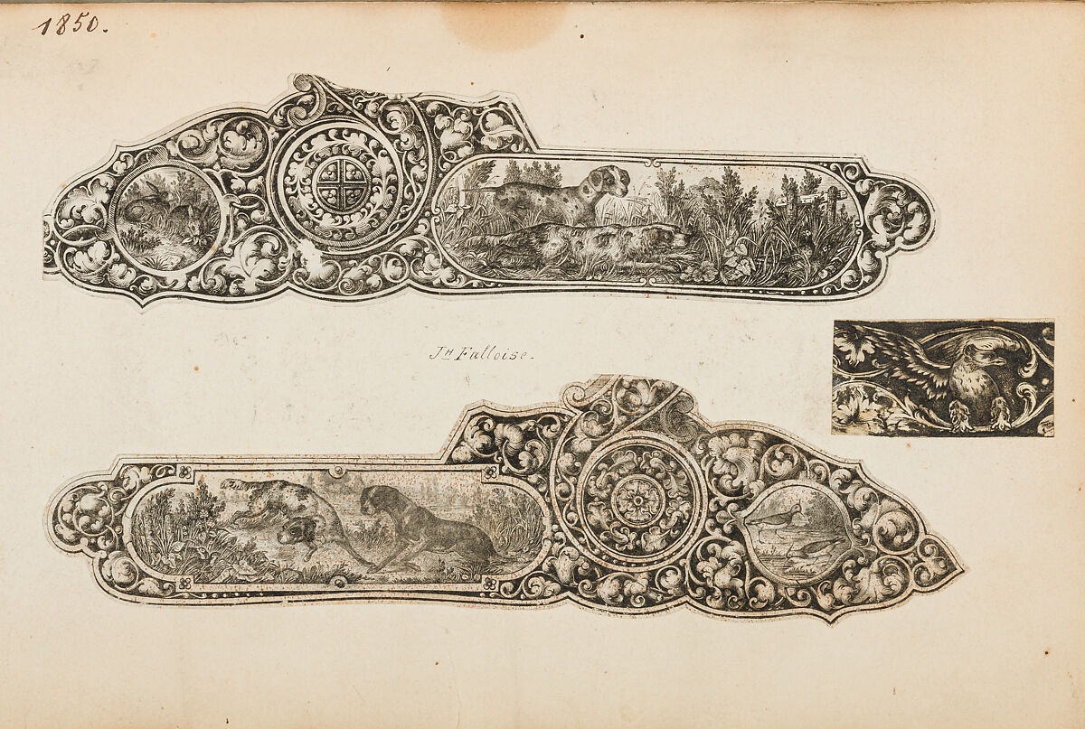 Album of Firearms Ornament Containing Approximately Five Hundred and Forty Inked Impressions of Engraved Firearms Locks and Mounts, and Forty-Two Original Pen and Ink Designs on Forty Double-Sided Leaves, Ink on paper, Belgian and French