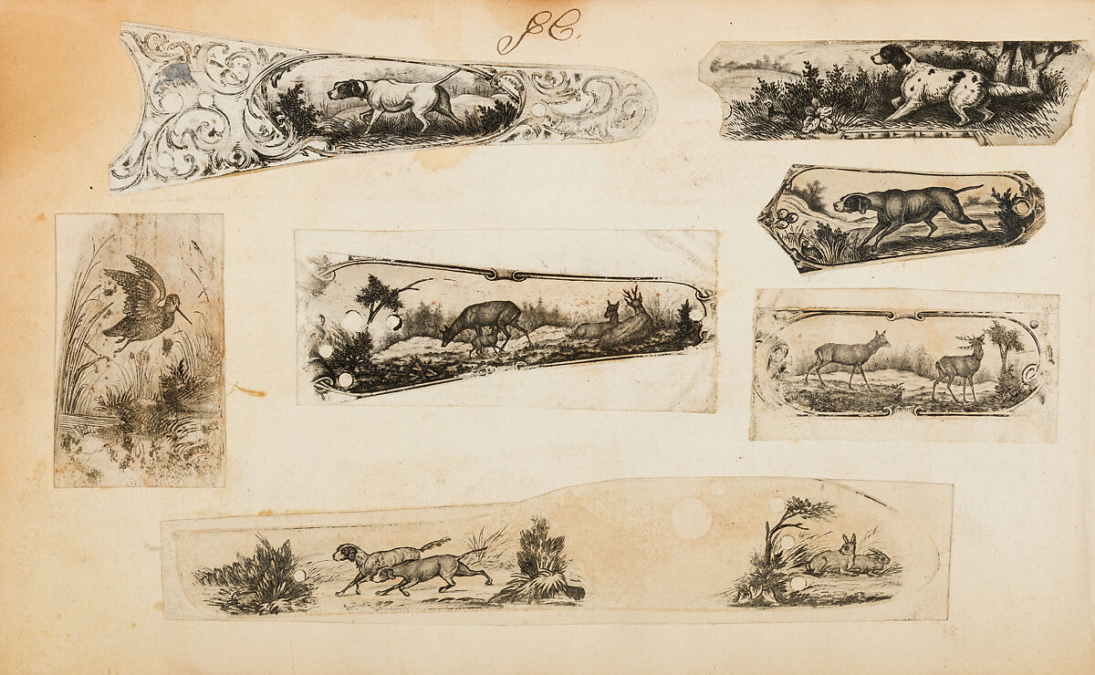 Album of Firearms Ornament Containing Approximately Five Hundred and Forty Inked Impressions of Engraved Firearms Locks and Mounts, and Forty-Two Original Pen and Ink Designs on Forty Double-Sided Leaves, Ink on paper, Belgian and French