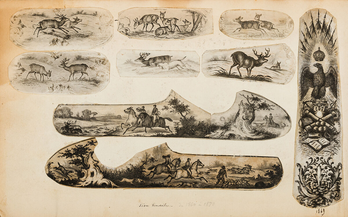 Album of Firearms Ornament Containing Approximately Five Hundred and Forty Inked Impressions of Engraved Firearms Locks and Mounts, and Forty-Two Original Pen and Ink Designs on Forty Double-Sided Leaves, Ink on paper, Belgian and French