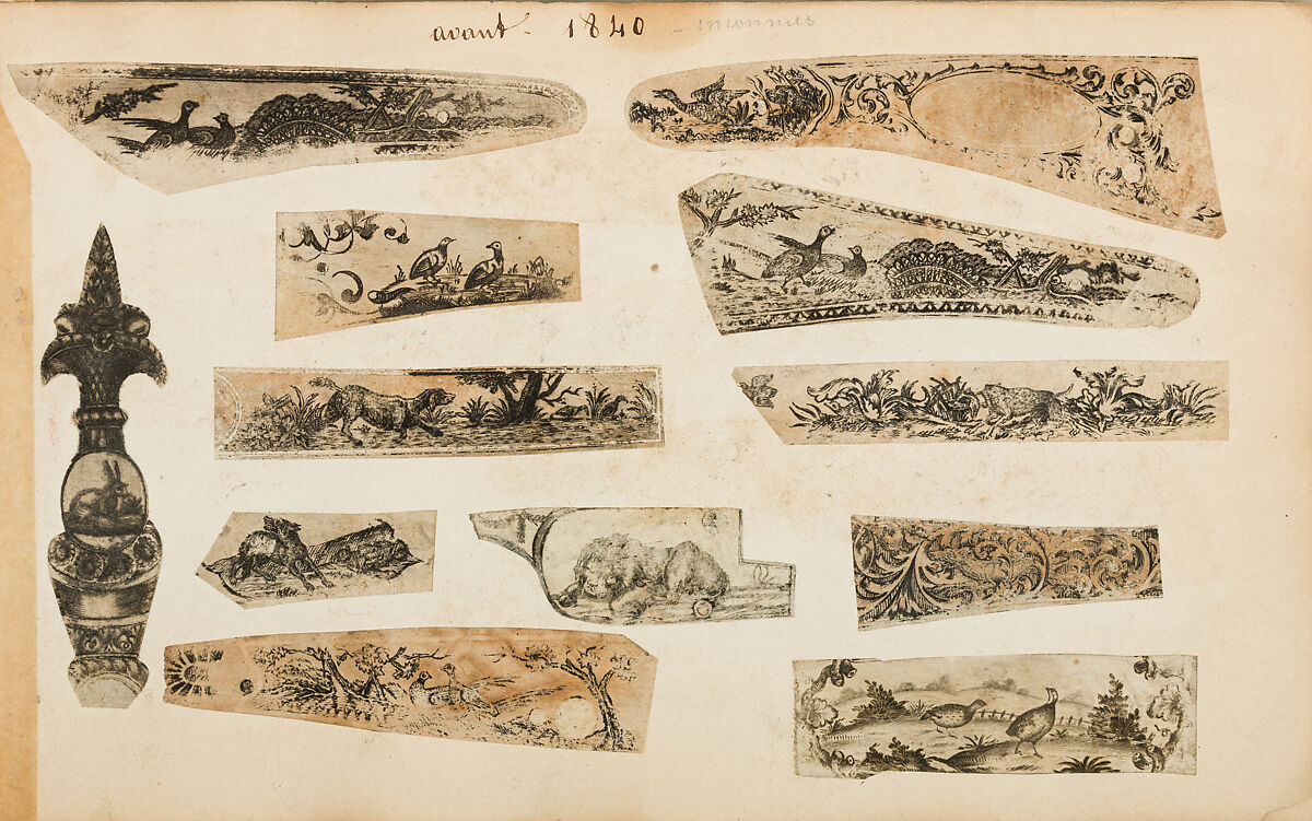 Album of Firearms Ornament Containing Approximately Five Hundred and Forty Inked Impressions of Engraved Firearms Locks and Mounts, and Forty-Two Original Pen and Ink Designs on Forty Double-Sided Leaves, Ink on paper, Belgian and French