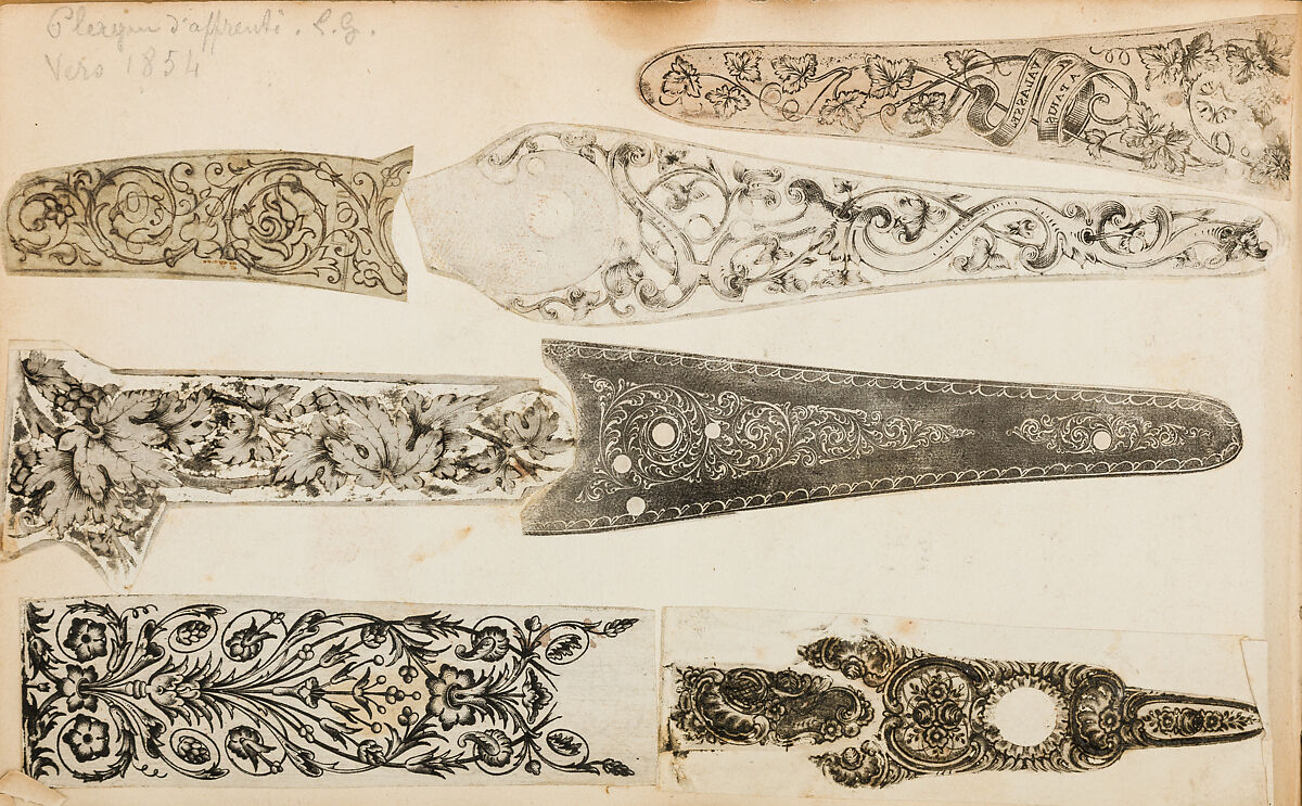 Album of Firearms Ornament Containing Approximately Five Hundred and Forty Inked Impressions of Engraved Firearms Locks and Mounts, and Forty-Two Original Pen and Ink Designs on Forty Double-Sided Leaves, Ink on paper, Belgian and French