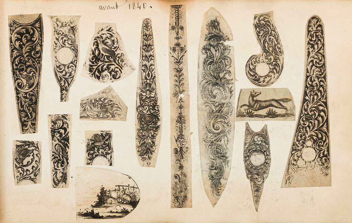 Album of Firearms Ornament Containing Approximately Five Hundred and Forty Inked Impressions of Engraved Firearms Locks and Mounts, and Forty-Two Original Pen and Ink Designs on Forty Double-Sided Leaves, Ink on paper, Belgian and French