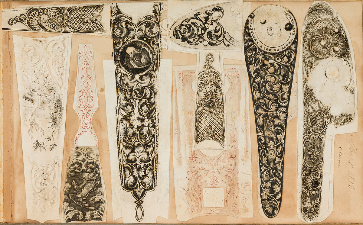 Album of Firearms Ornament Containing Approximately Five Hundred and Forty Inked Impressions of Engraved Firearms Locks and Mounts, and Forty-Two Original Pen and Ink Designs on Forty Double-Sided Leaves, Ink on paper, Belgian and French