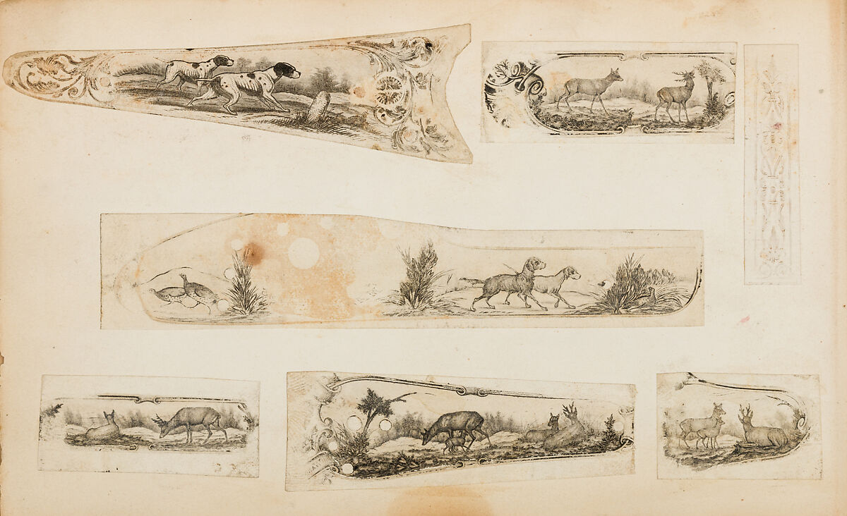Album of Firearms Ornament Containing Approximately Five Hundred and Forty Inked Impressions of Engraved Firearms Locks and Mounts, and Forty-Two Original Pen and Ink Designs on Forty Double-Sided Leaves, Ink on paper, Belgian and French