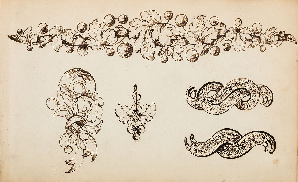 Album of Firearms Ornament Containing Approximately Five Hundred and Forty Inked Impressions of Engraved Firearms Locks and Mounts, and Forty-Two Original Pen and Ink Designs on Forty Double-Sided Leaves, Ink on paper, Belgian and French