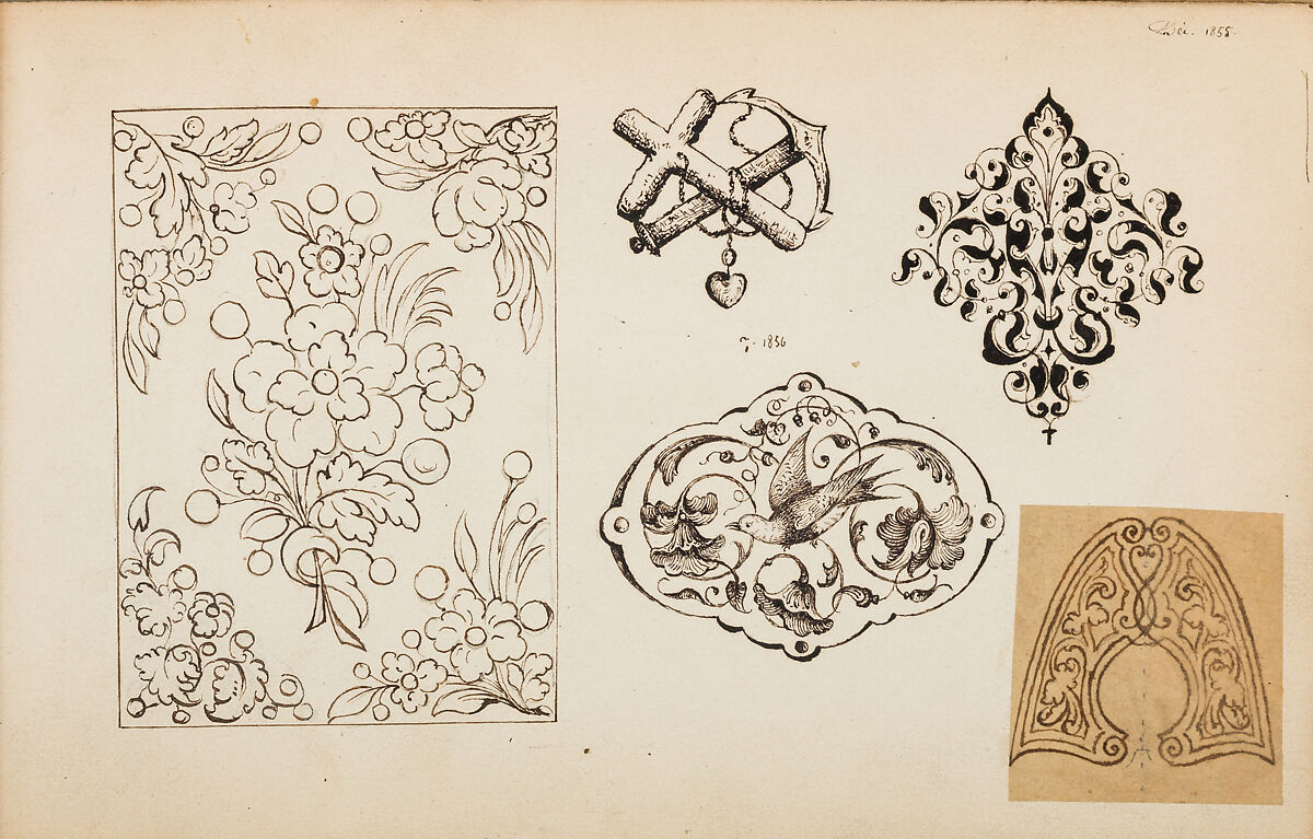 Album of Firearms Ornament Containing Approximately Five Hundred and Forty Inked Impressions of Engraved Firearms Locks and Mounts, and Forty-Two Original Pen and Ink Designs on Forty Double-Sided Leaves, Ink on paper, Belgian and French