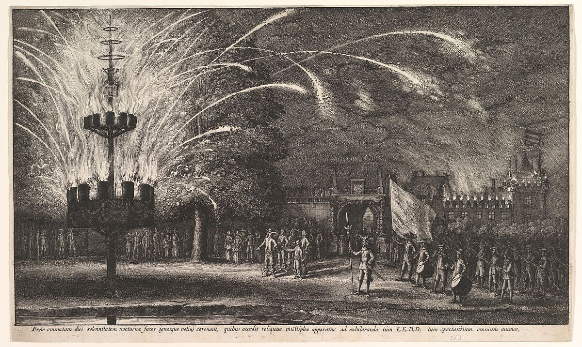 Fireworks at Hemissem, Wenceslaus Hollar (Bohemian, Prague 1607–1677 London), Etching and drypoint; only state 