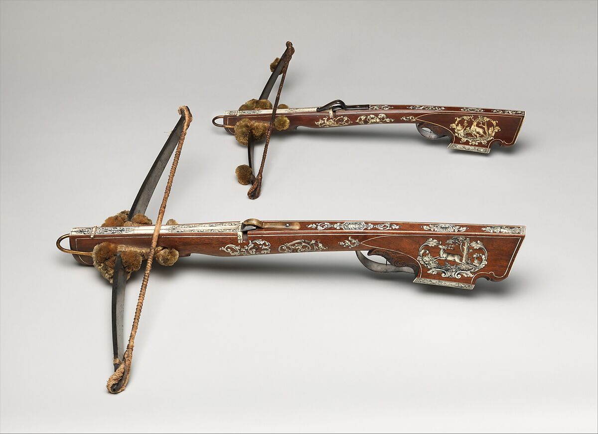 Light Crossbow (Schnepper) from the Armory of Sedlitz Palace, Johann Gottfried Hänisch the Elder (German, Dresden, 1696–1778), Steel, wood (walnut), staghorn, hemp, wool, gold, German, Dresden
