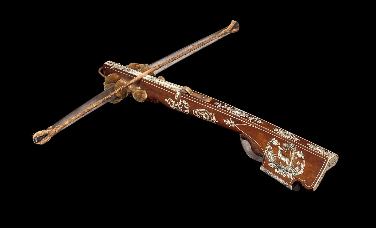 Light Crossbow (Schnepper) from the Armory of Sedlitz Palace, Johann Gottfried Hänisch the Elder (German, Dresden, 1696–1778), Steel, wood (walnut), staghorn, hemp, wool, gold, German, Dresden 