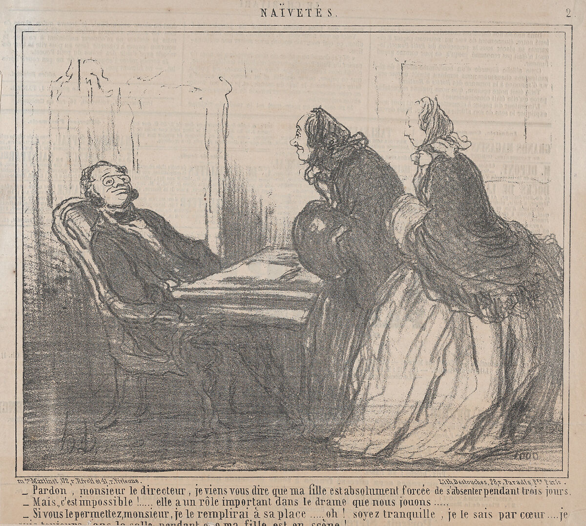Pardon, monsieur le directeur..., from Naïvetés, published in Le Charivari, March 21, 1859, Honoré Daumier (French, Marseilles 1808–1879 Valmondois), Lithograph on newsprint, second state of two (Delteil; Hazard & Delteil) 