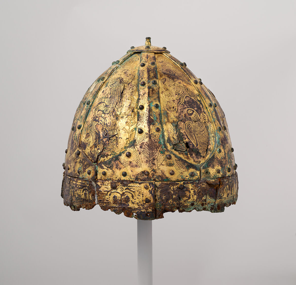Helmet (<i>Spangenhelm</i>), Iron, copper alloy, gold, Byzantine