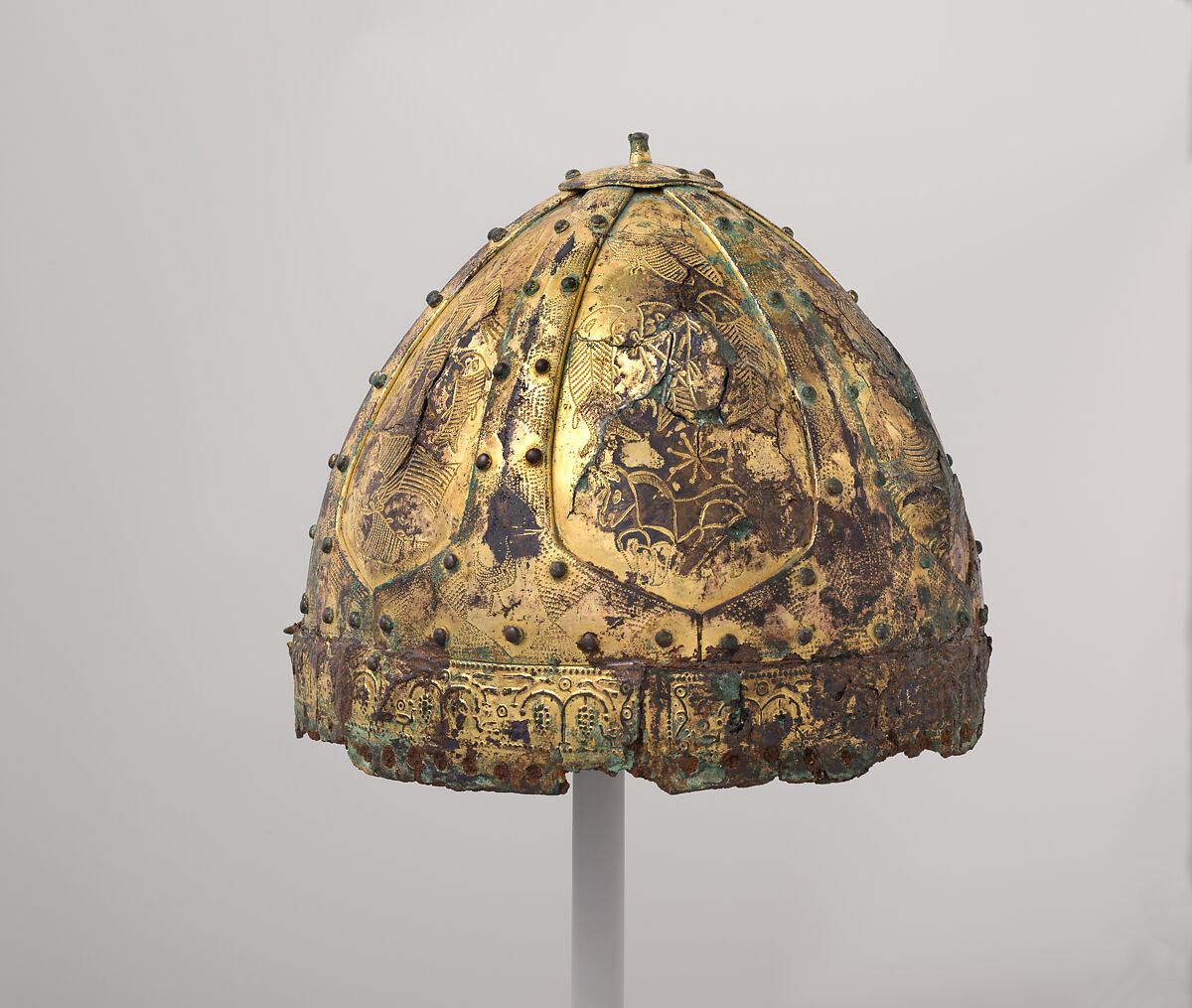 Helmet (<i>Spangenhelm</i>), Iron, copper alloy, gold, Byzantine