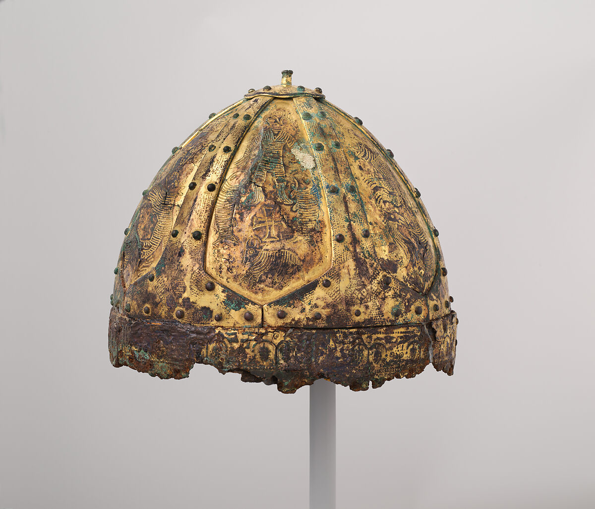 Helmet (<i>Spangenhelm</i>), Iron, copper alloy, gold, Byzantine