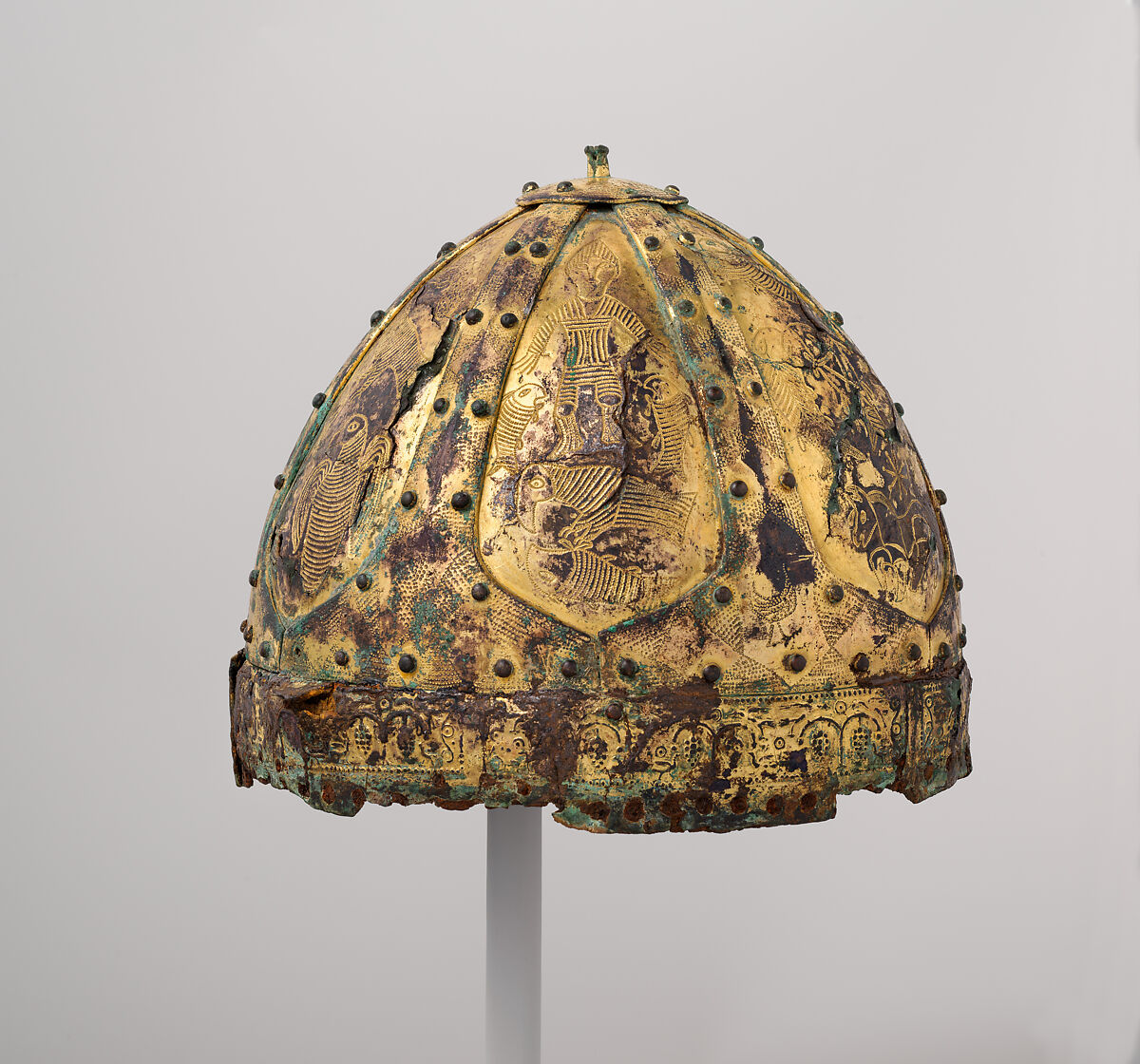 Helmet (<i>Spangenhelm</i>), Iron, copper alloy, gold, Byzantine