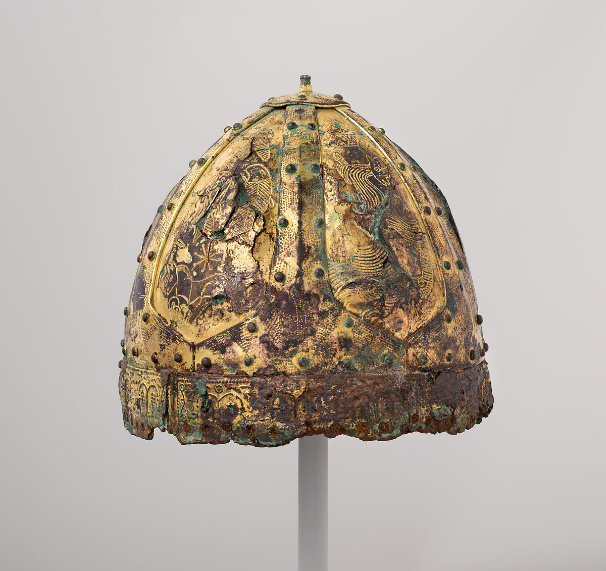 Helmet (<i>Spangenhelm</i>), Iron, copper alloy, gold, Byzantine