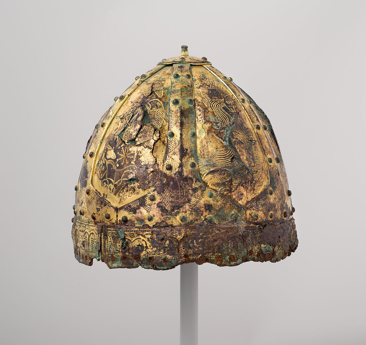 Helmet (<i>Spangenhelm</i>), Iron, copper alloy, gold, Byzantine 