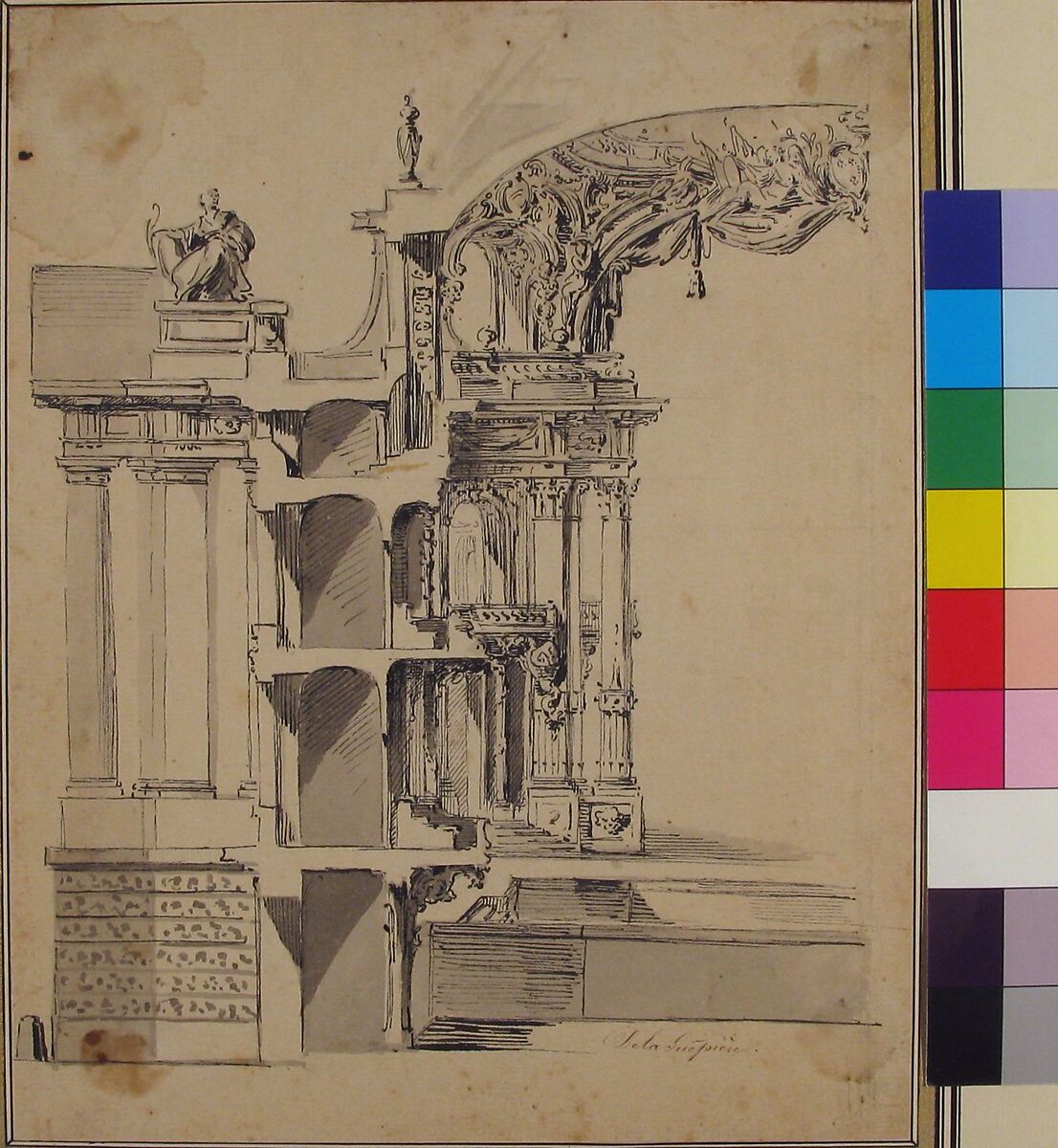 Design for the Proscenium Arch of an Opera house and the Section Adjacent to the Stage, Philippe de La Guêpière (French, ca. 1715–1773 Paris), Pen and black ink and gray wash