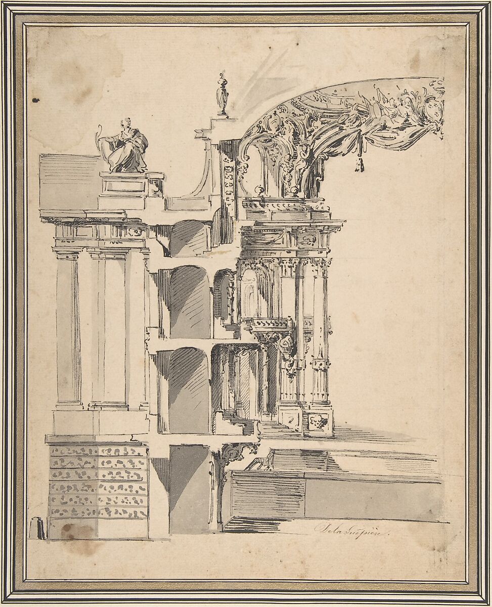 Design for the Proscenium Arch of an Opera house and the Section Adjacent to the Stage, Philippe de La Guêpière (French, ca. 1715–1773 Paris), Pen and black ink and gray wash 
