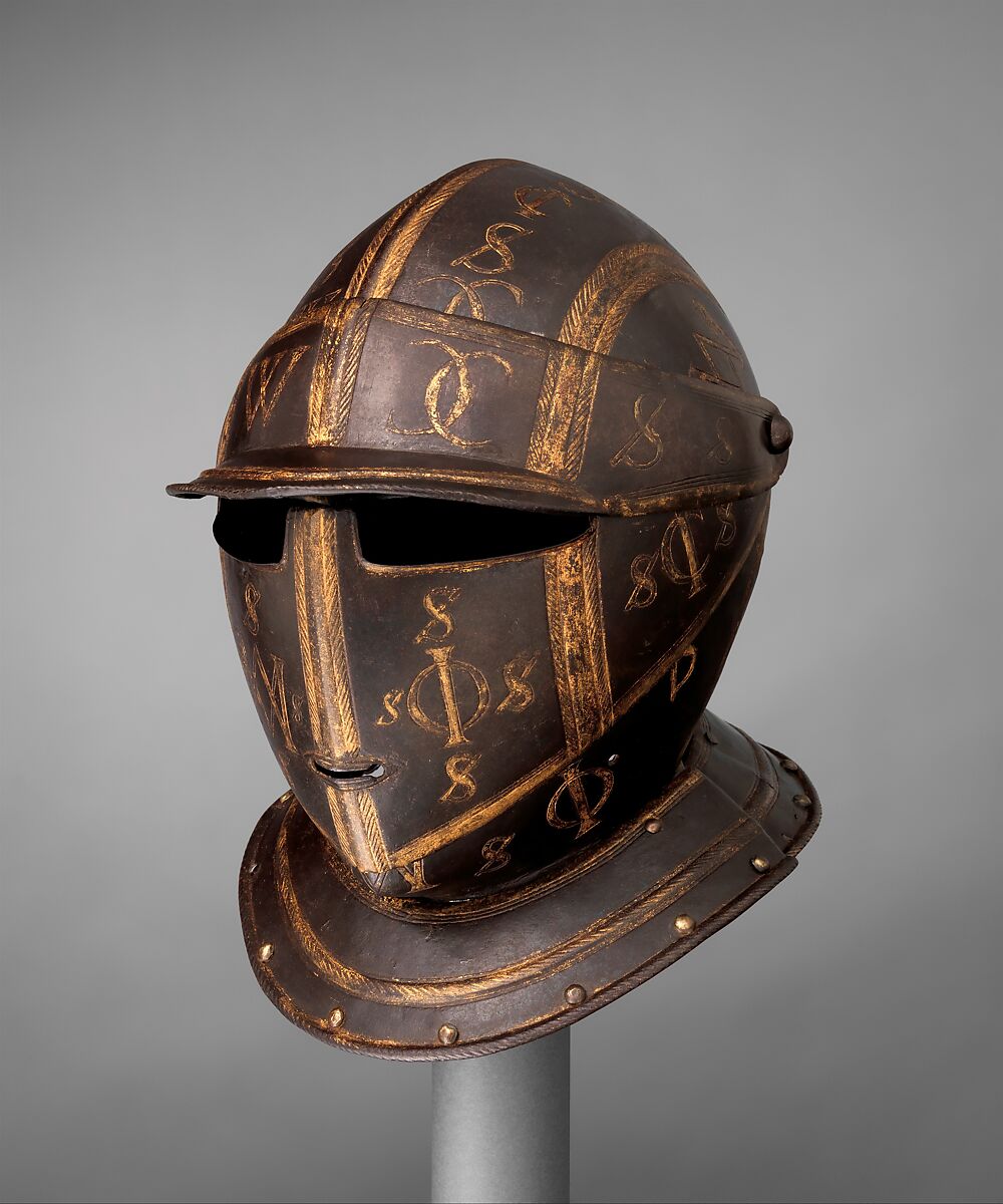Close Helmet for a Cuirassier, Steel, gold, copper alloy, leather, Italian 