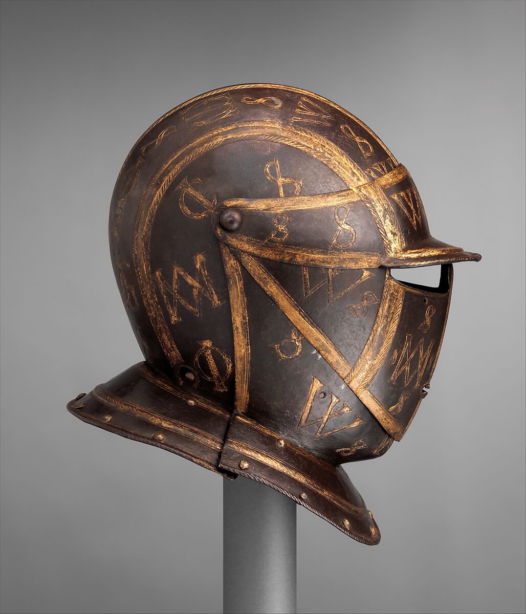 Close Helmet for a Cuirassier, Steel, gold, copper alloy, leather, Italian
