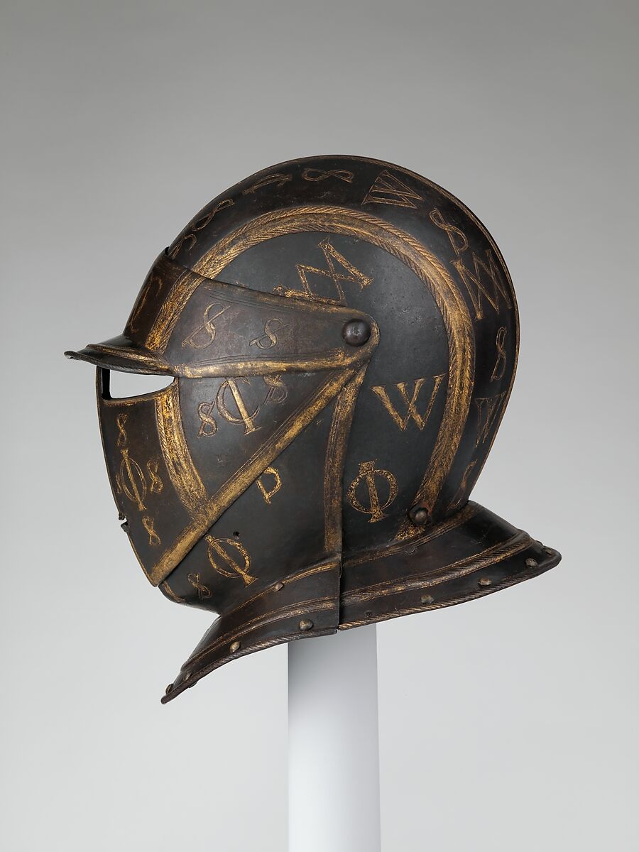 Close Helmet for a Cuirassier, Steel, gold, copper alloy, leather, Italian
