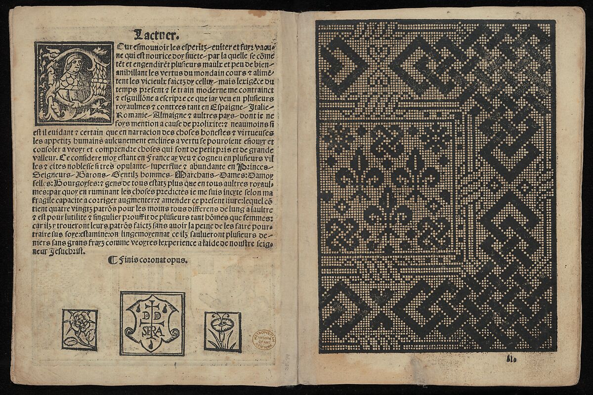Libbretto nouellamete composto per maestro Domenico da Sera...lauorare di ogni sorte di punti, Domenico da Sera (French, active Italy, 16th century)  , Lyon, Woodcut
