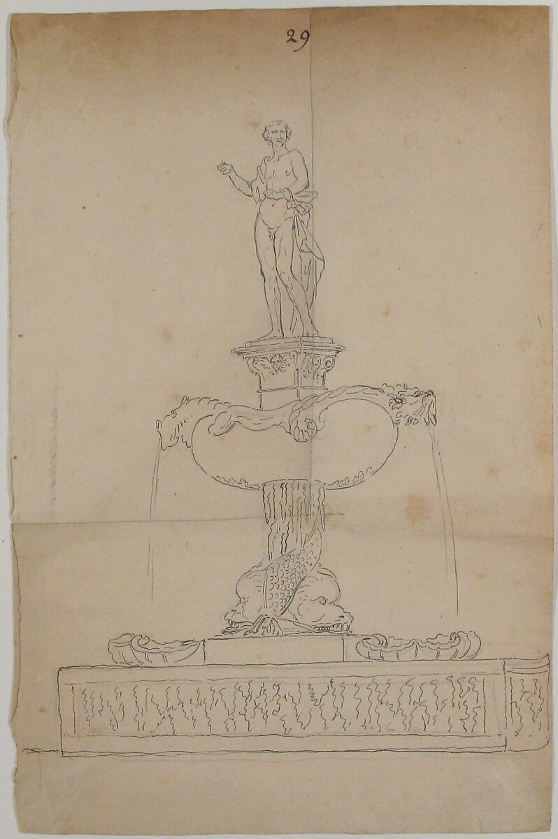 Sketch of Fountain, Anonymous, French, 18th century, Graphite, pen and black ink