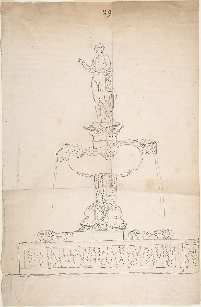 Sketch of Fountain, Anonymous, French, 18th century, Graphite, pen and black ink 