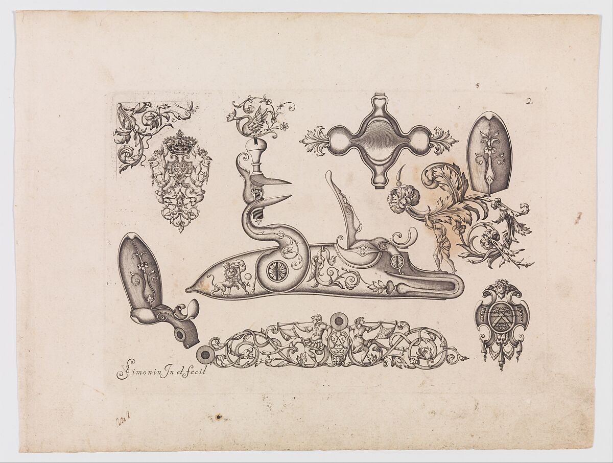 Plusievrs Pieces et Ornements Darquebuzerie (4th extended edition), Initial eight-plate edition by Claude Simonin (French, Nantes ca. 1635–1693 Nantes)  , published in 1684 and reissued in1685, Ink, paper, French, Paris