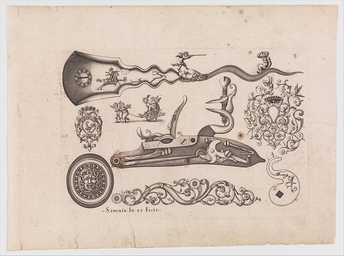 Plusievrs Pieces et Ornements Darquebuzerie (4th extended edition), Initial eight-plate edition by Claude Simonin (French, Nantes ca. 1635–1693 Nantes)  , published in 1684 and reissued in1685, Ink, paper, French, Paris