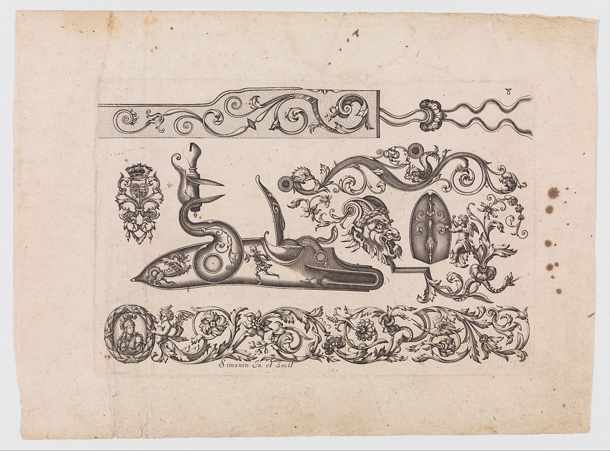 Plusievrs Pieces et Ornements Darquebuzerie (4th extended edition), Initial eight-plate edition by Claude Simonin (French, Nantes ca. 1635–1693 Nantes)  , published in 1684 and reissued in1685, Ink, paper, French, Paris