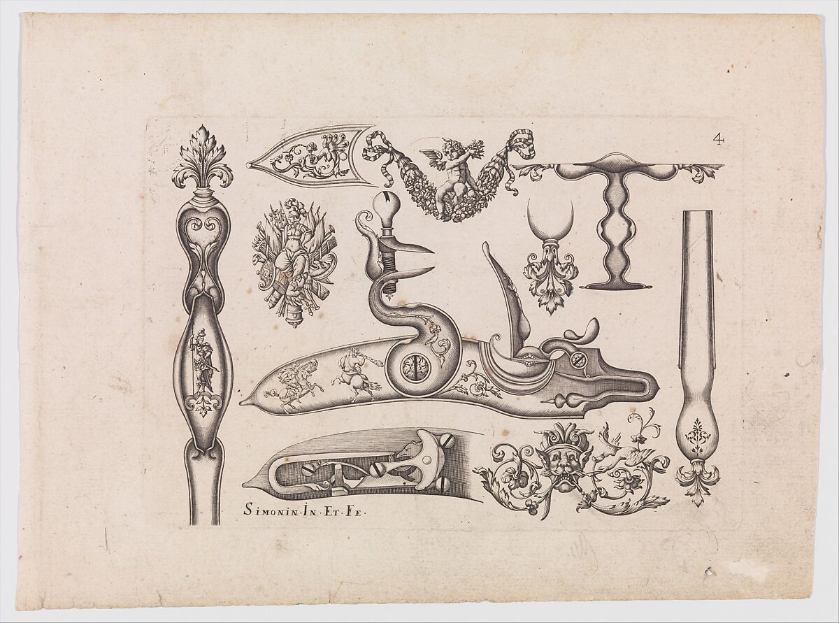 Plusievrs Pieces et Ornements Darquebuzerie (4th extended edition), Initial eight-plate edition by Claude Simonin (French, Nantes ca. 1635–1693 Nantes)  , published in 1684 and reissued in1685, Ink, paper, French, Paris