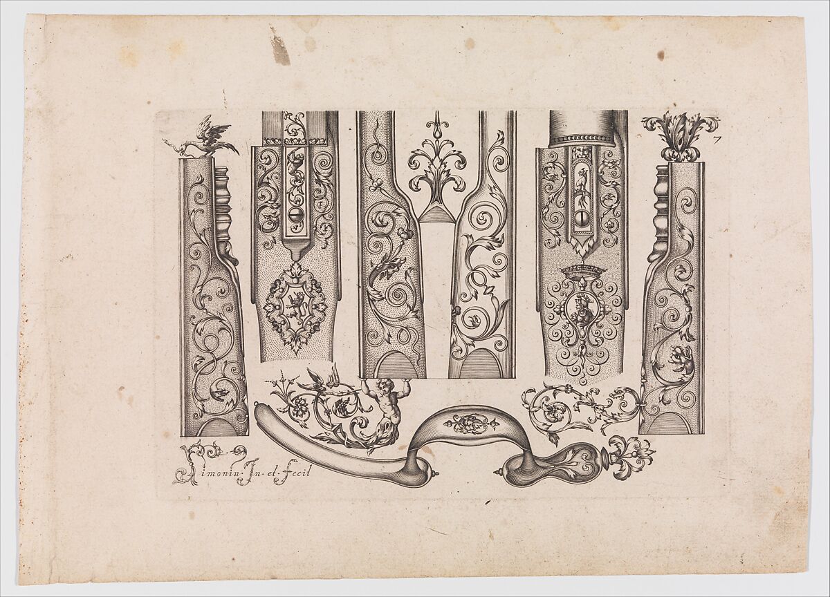 Plusievrs Pieces et Ornements Darquebuzerie (4th extended edition), Initial eight-plate edition by Claude Simonin (French, Nantes ca. 1635–1693 Nantes)  , published in 1684 and reissued in1685, Ink, paper, French, Paris