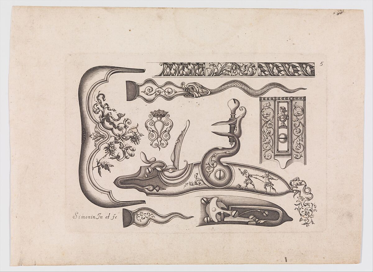 Plusievrs Pieces et Ornements Darquebuzerie (4th extended edition), Initial eight-plate edition by Claude Simonin (French, Nantes ca. 1635–1693 Nantes)  , published in 1684 and reissued in1685, Ink, paper, French, Paris