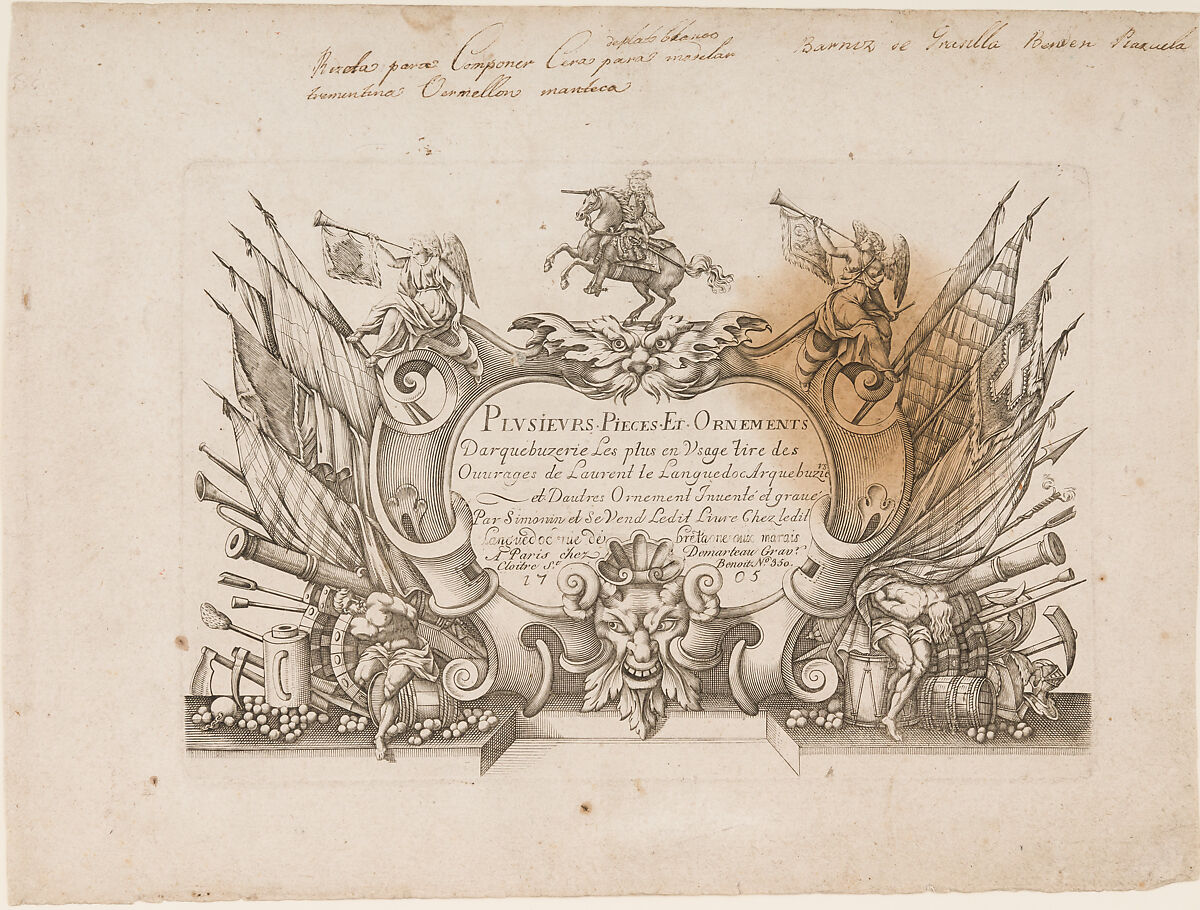 Plusievrs Pieces et Ornements Darquebuzerie (4th extended edition), Initial eight-plate edition by Claude Simonin (French, Nantes ca. 1635–1693 Nantes)  , published in 1684 and reissued in1685, Ink, paper, French, Paris