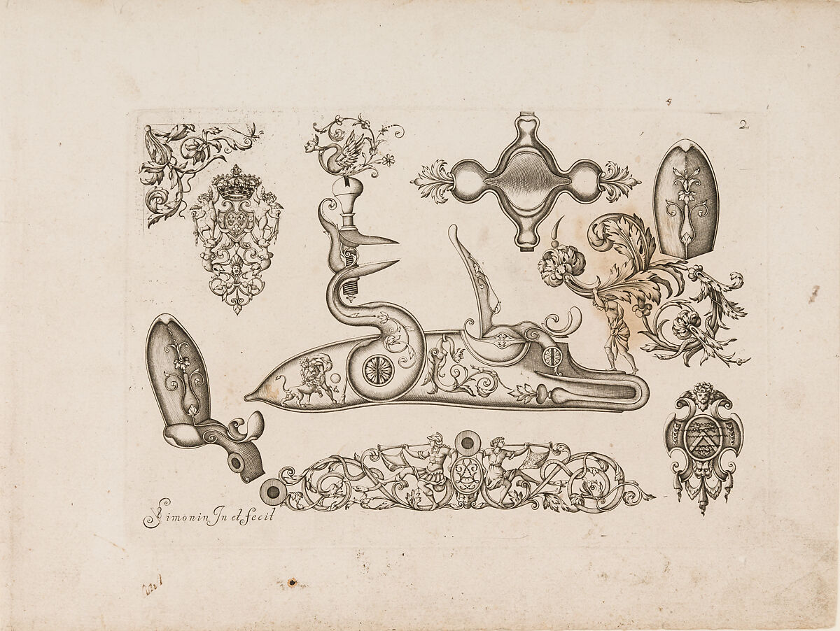 Plusievrs Pieces et Ornements Darquebuzerie (4th extended edition), Initial eight-plate edition by Claude Simonin (French, Nantes ca. 1635–1693 Nantes)  , published in 1684 and reissued in1685, Ink, paper, French, Paris