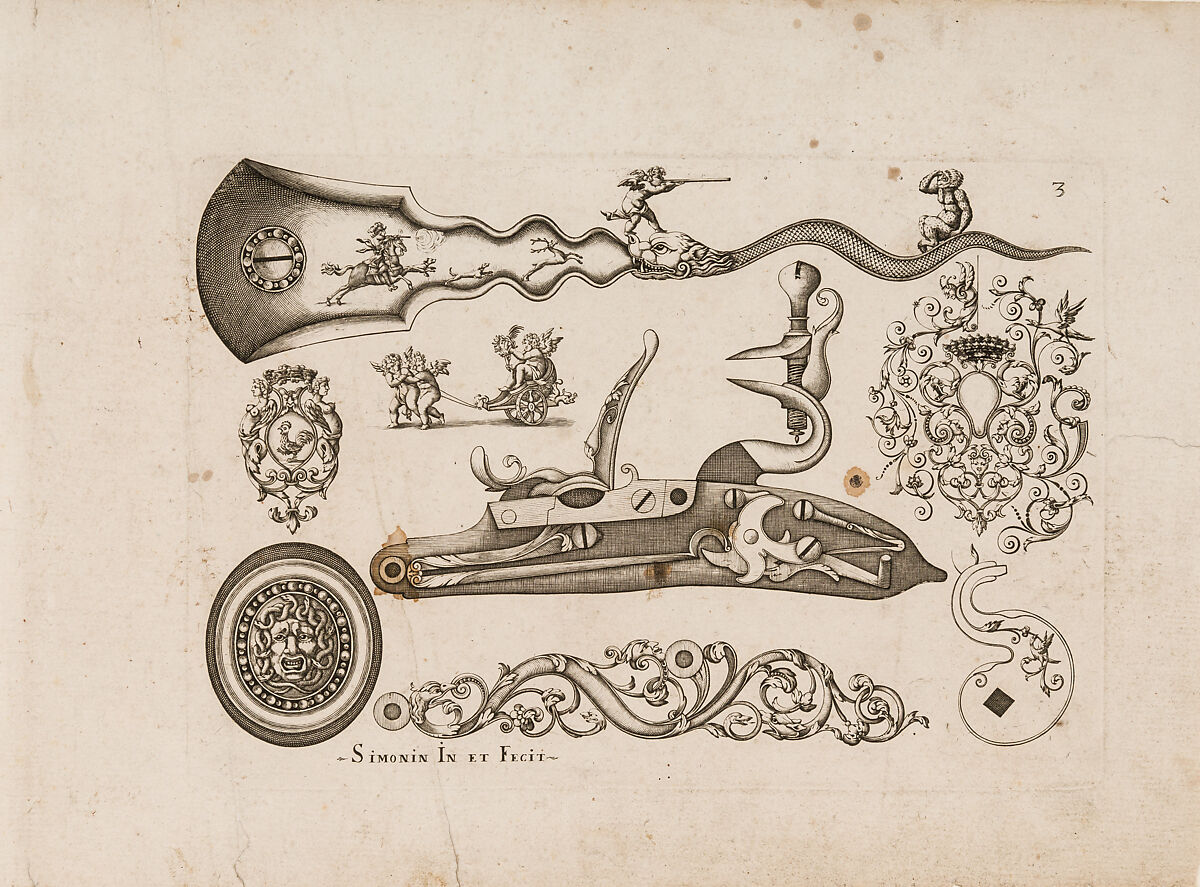 Plusievrs Pieces et Ornements Darquebuzerie (4th extended edition), Initial eight-plate edition by Claude Simonin (French, Nantes ca. 1635–1693 Nantes)  , published in 1684 and reissued in1685, Ink, paper, French, Paris
