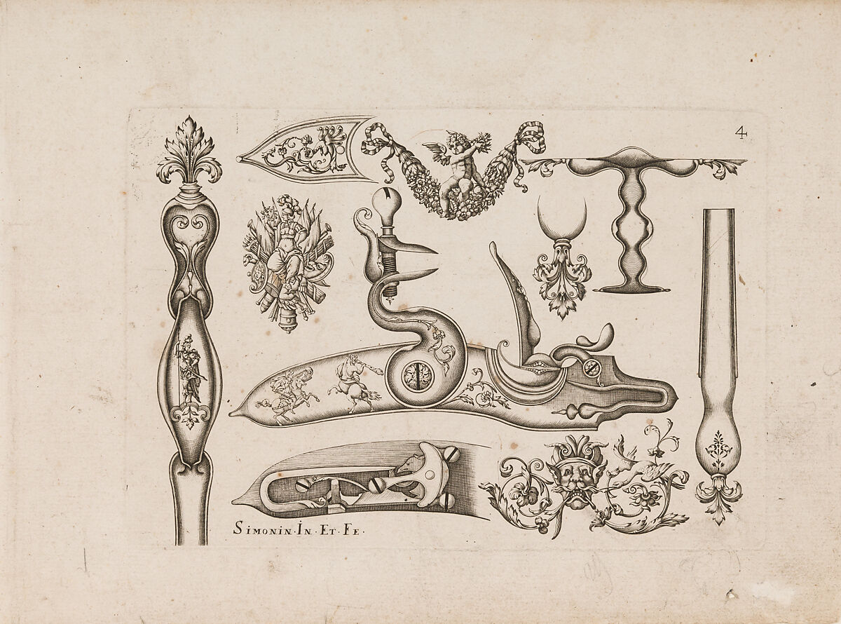Plusievrs Pieces et Ornements Darquebuzerie (4th extended edition), Initial eight-plate edition by Claude Simonin (French, Nantes ca. 1635–1693 Nantes)  , published in 1684 and reissued in1685, Ink, paper, French, Paris
