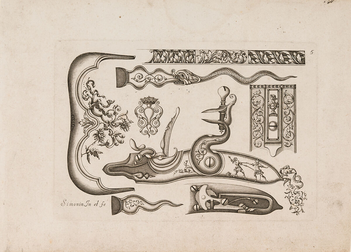 Plusievrs Pieces et Ornements Darquebuzerie (4th extended edition), Initial eight-plate edition by Claude Simonin (French, Nantes ca. 1635–1693 Nantes)  , published in 1684 and reissued in1685, Ink, paper, French, Paris