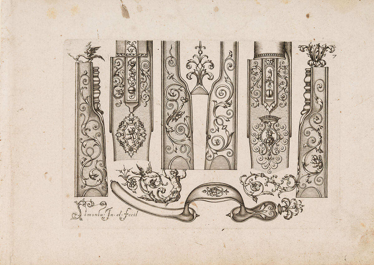 Plusievrs Pieces et Ornements Darquebuzerie (4th extended edition), Initial eight-plate edition by Claude Simonin (French, Nantes ca. 1635–1693 Nantes)  , published in 1684 and reissued in1685, Ink, paper, French, Paris