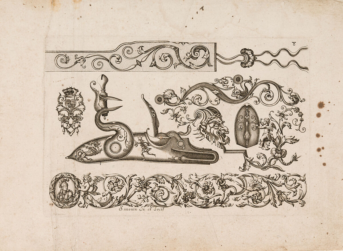 Plusievrs Pieces et Ornements Darquebuzerie (4th extended edition), Initial eight-plate edition by Claude Simonin (French, Nantes ca. 1635–1693 Nantes)  , published in 1684 and reissued in1685, Ink, paper, French, Paris