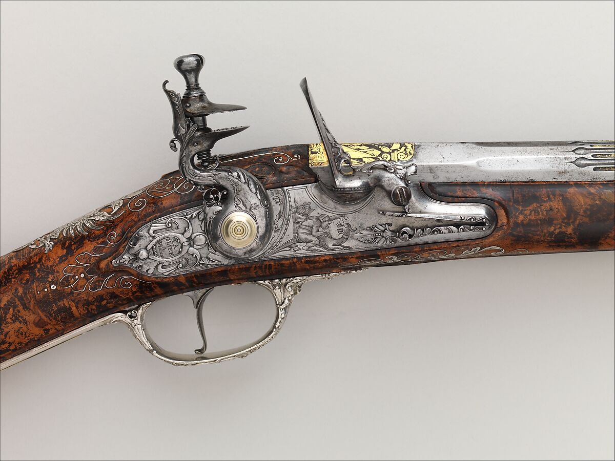 Flintlock Sporting Gun of Empress Margarita Teresa of Spain (1651–1673), Jacques Lamarre (French, recorded Paris 1657–1700 Vienna, Austria), Steel, wood (burl walnut), silver, copper alloy, gold, Austrian, Vienna