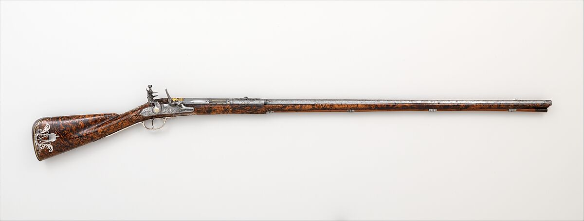Flintlock Sporting Gun of Empress Margarita Teresa of Spain (1651–1673), Jacques Lamarre (French, recorded Paris 1657–1700 Vienna, Austria), Steel, wood (burl walnut), silver, copper alloy, gold, Austrian, Vienna 
