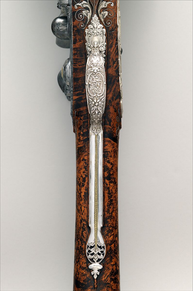 Flintlock Sporting Gun of Empress Margarita Teresa of Spain (1651–1673), Jacques Lamarre (French, recorded Paris 1657–1700 Vienna, Austria), Steel, wood (burl walnut), silver, copper alloy, gold, Austrian, Vienna