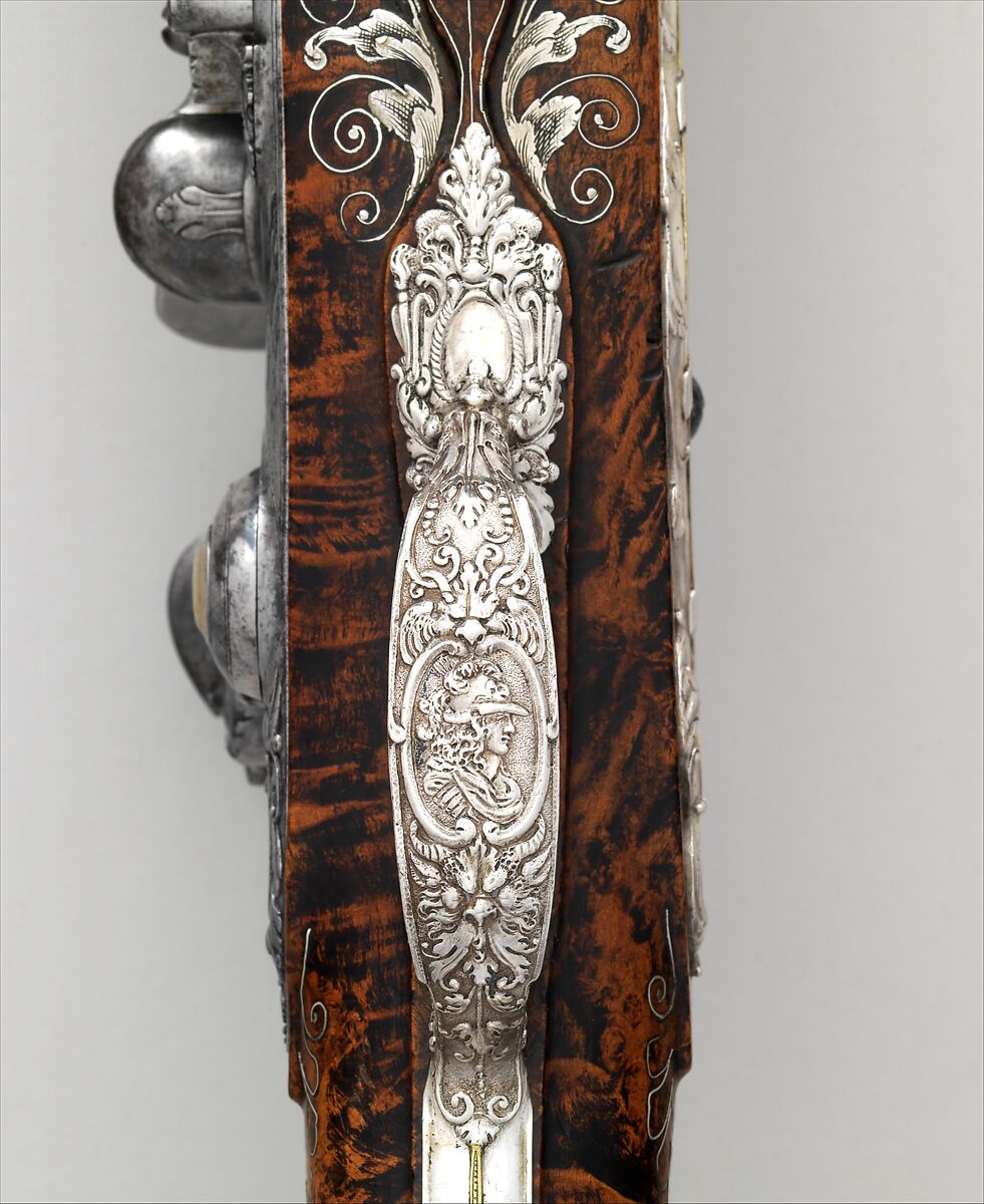 Flintlock Sporting Gun of Empress Margarita Teresa of Spain (1651–1673), Jacques Lamarre (French, recorded Paris 1657–1700 Vienna, Austria), Steel, wood (burl walnut), silver, copper alloy, gold, Austrian, Vienna
