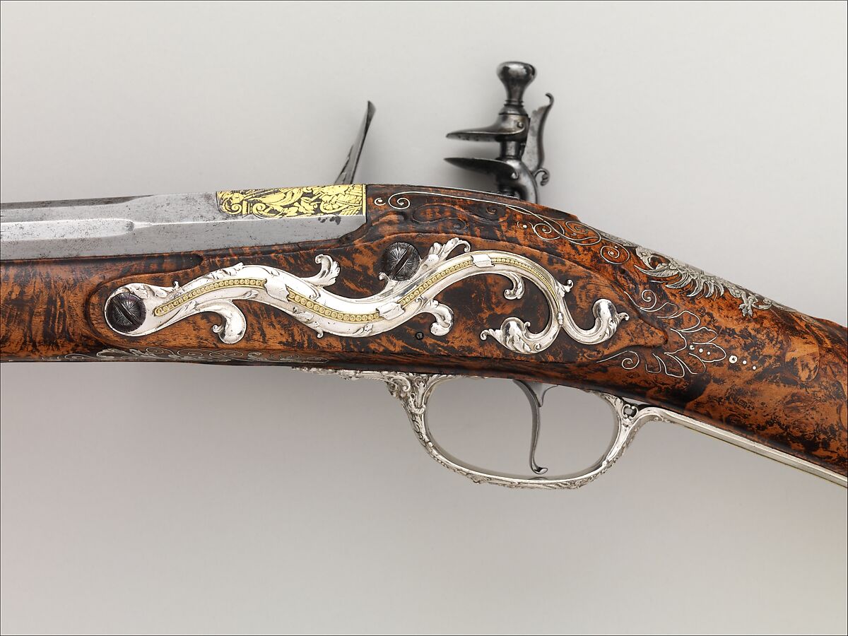 Flintlock Sporting Gun of Empress Margarita Teresa of Spain (1651–1673), Jacques Lamarre (French, recorded Paris 1657–1700 Vienna, Austria), Steel, wood (burl walnut), silver, copper alloy, gold, Austrian, Vienna