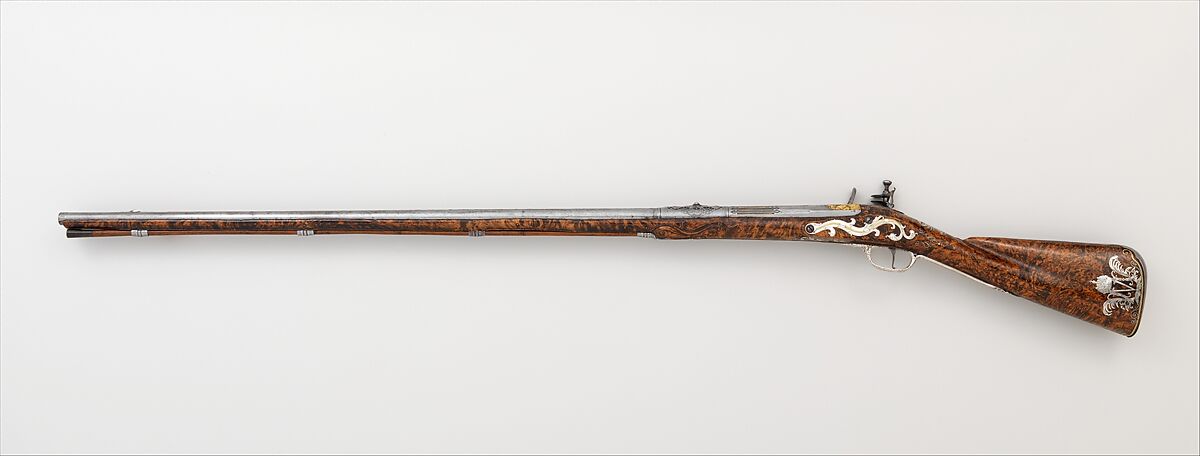 Flintlock Sporting Gun of Empress Margarita Teresa of Spain (1651–1673), Jacques Lamarre (French, recorded Paris 1657–1700 Vienna, Austria), Steel, wood (burl walnut), silver, copper alloy, gold, Austrian, Vienna